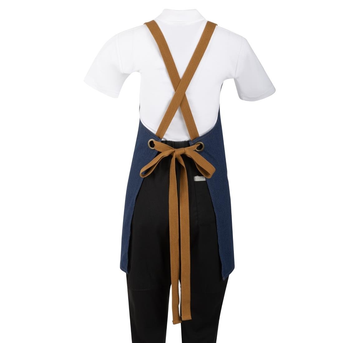 Southside Schürze in kurzer Länge mit X-Rücken Denim Blau mit Tan-Trägern Southside Schürze in kurzer Länge mit X-Rücken Denim Blau mit Tan-Trägern