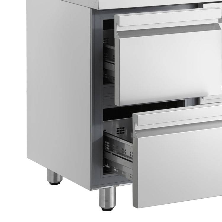 Edelstahl Kühltisch niedrig | 1 Tür | 4 Breiten Schubladen | 245 Liter | 351W | 179x70x(h)62cm