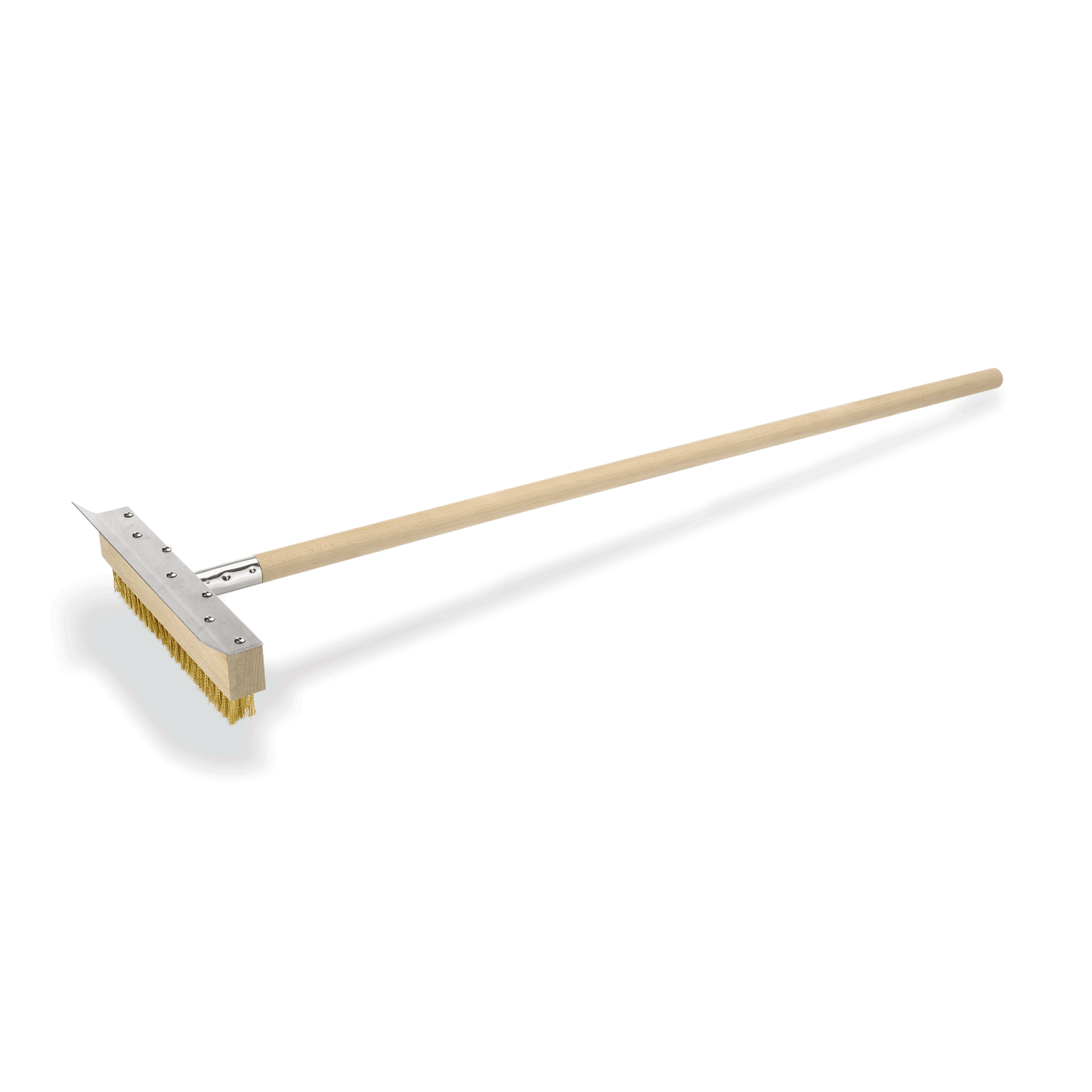Brosse de nettoyage avec racloir, 105 cm, avec poils en laiton de 3 cm, bois, laiton.