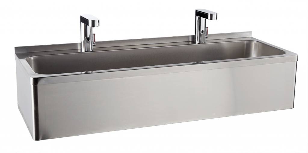 Edelstahl Handwaschbecken Doppelt | 2 Elektronische Wasserhähnen | Temperaturregegelung | 1200x425x255 mm
