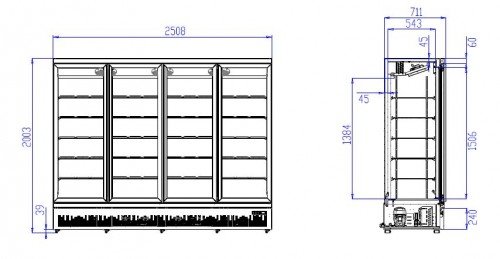 Wandkühlregal Weiß | 4 Glastüren | 2025 Liter | 2508X710X(H)1997mm