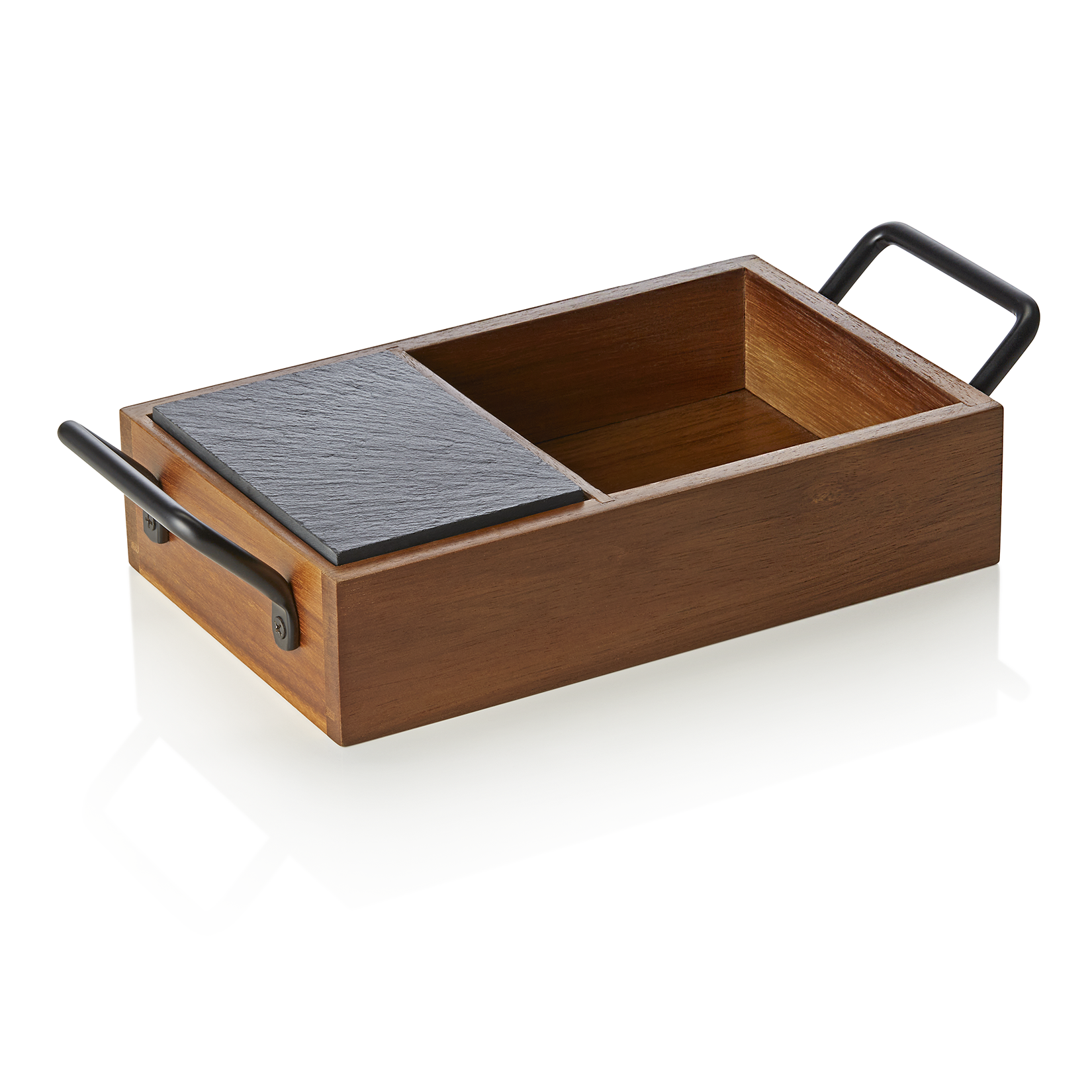 Naturschieferplatten Set SLATE & SERVE, 24 x 15 x 5,5 cm, 3 Schieferplatten und Brot- und Butterkorb, Akazienholz, Naturschiefer