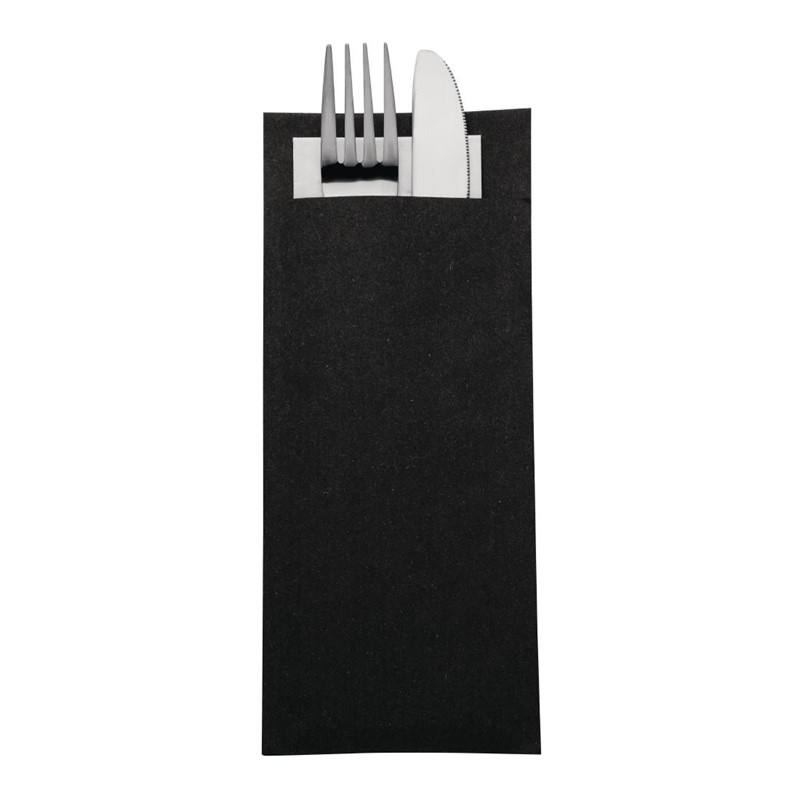 Schwarze Bestecktasche mit weißer Serviette | 500 Stück