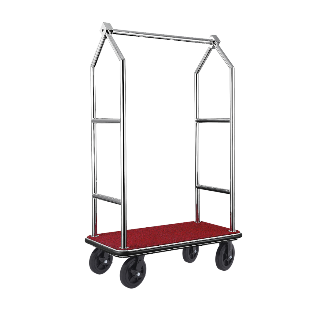 Bagagewagen VOYAGER, 112 x 65 x 190 cm, geborsteld, rood tapijt, chroomnikkelstaal 18/8