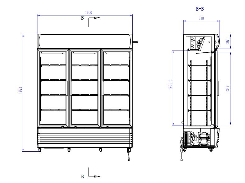 Réfrigérateur Noir | 3 portes en verre | 1065 Litres | Sur Roues | 1600(L)x610(P)x1973(H) mm