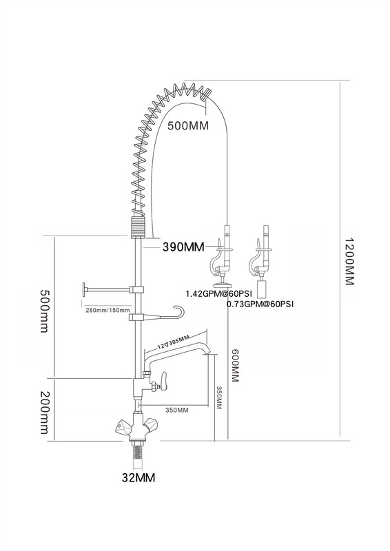 Voorspoeldouche met Zwenkkraan - Draaiknoppen - Ééngats - 1200mm