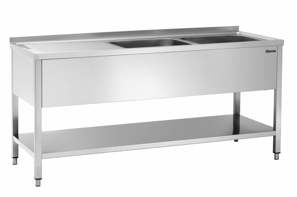 Table de Prélavage Inox Poli LUXE - 2 Bacs 500x500x250(h)mm - Égouttoir à Gauche - 1800x700x850-900(h)mm