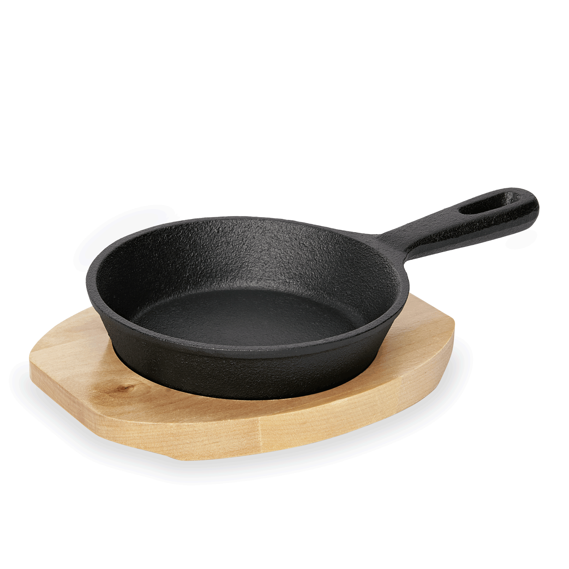 Mini Servierpfanne IRON DINING, mit Holzuntersetzer, Ø 13 cm, Höhe 3,5 cm, Gusseisen, Holz