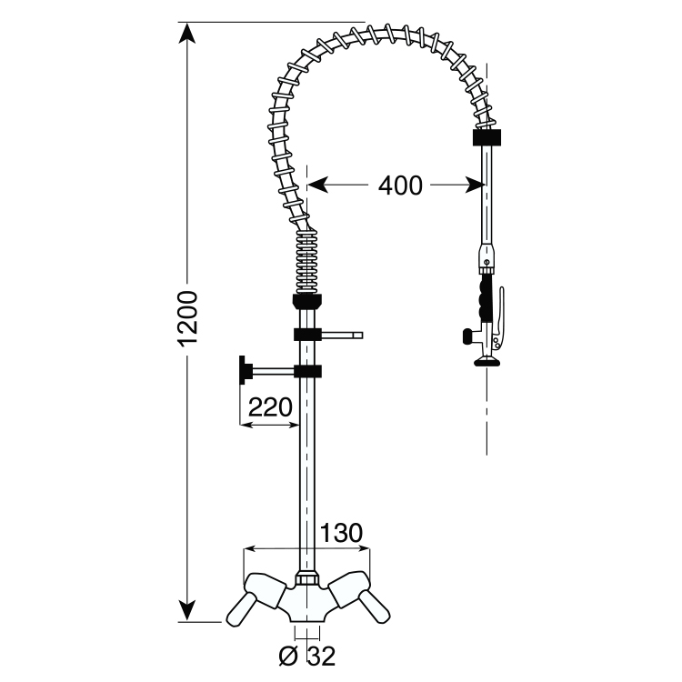Douche de pré-rinçage Monobloc High - Poignées rotatives - 1200 mm