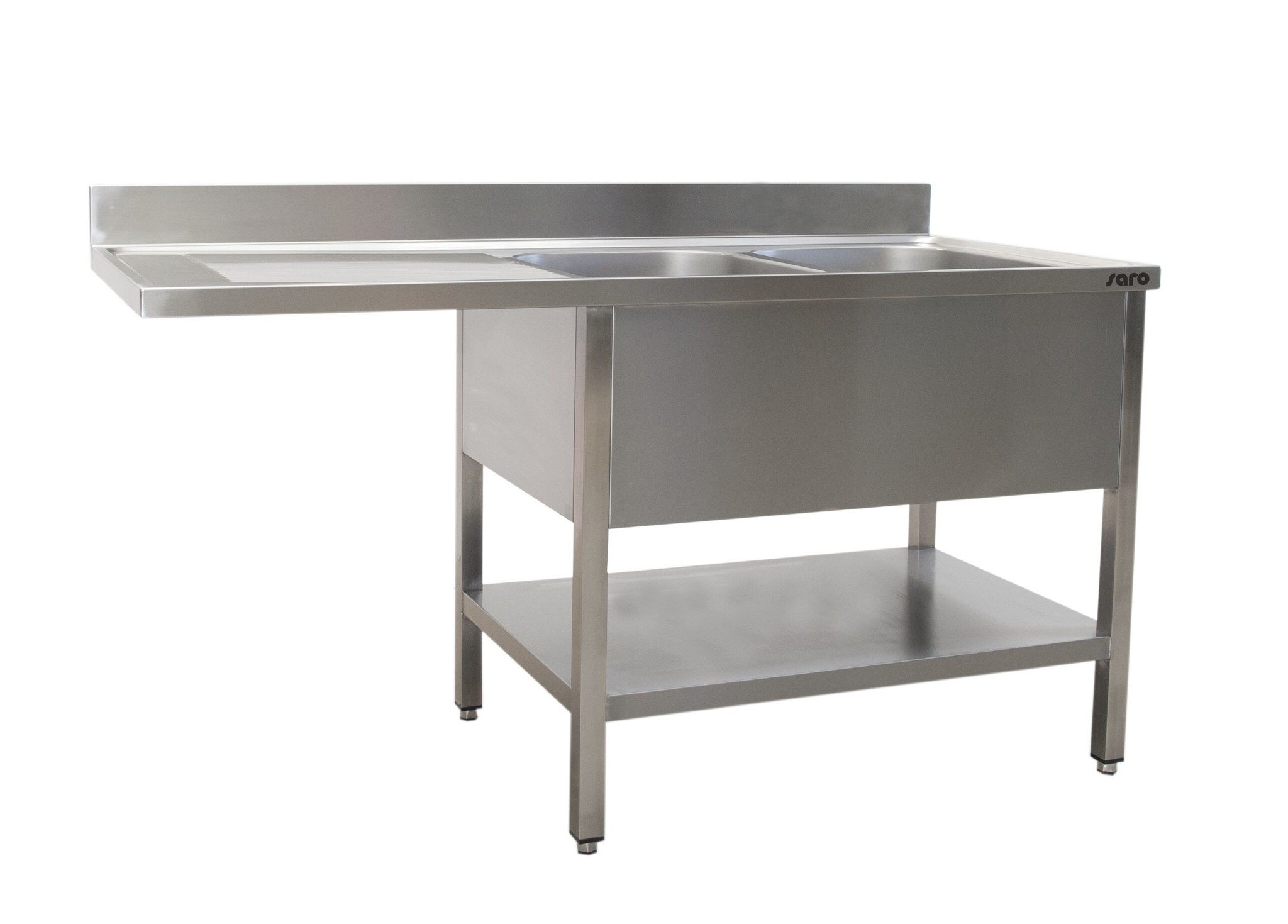 Table de Rinçage Inox | Étagère Basse | 2 Éviers à Droite | Espace Lave-vaisselle | Cuve P-600mm | L-1600mm