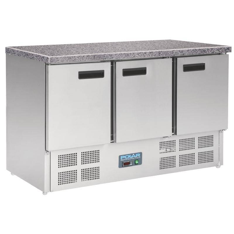 Comptoir Réfrigéré Inox - 3 Portes - Plan en Marbre - 700x1370x880(h)mm