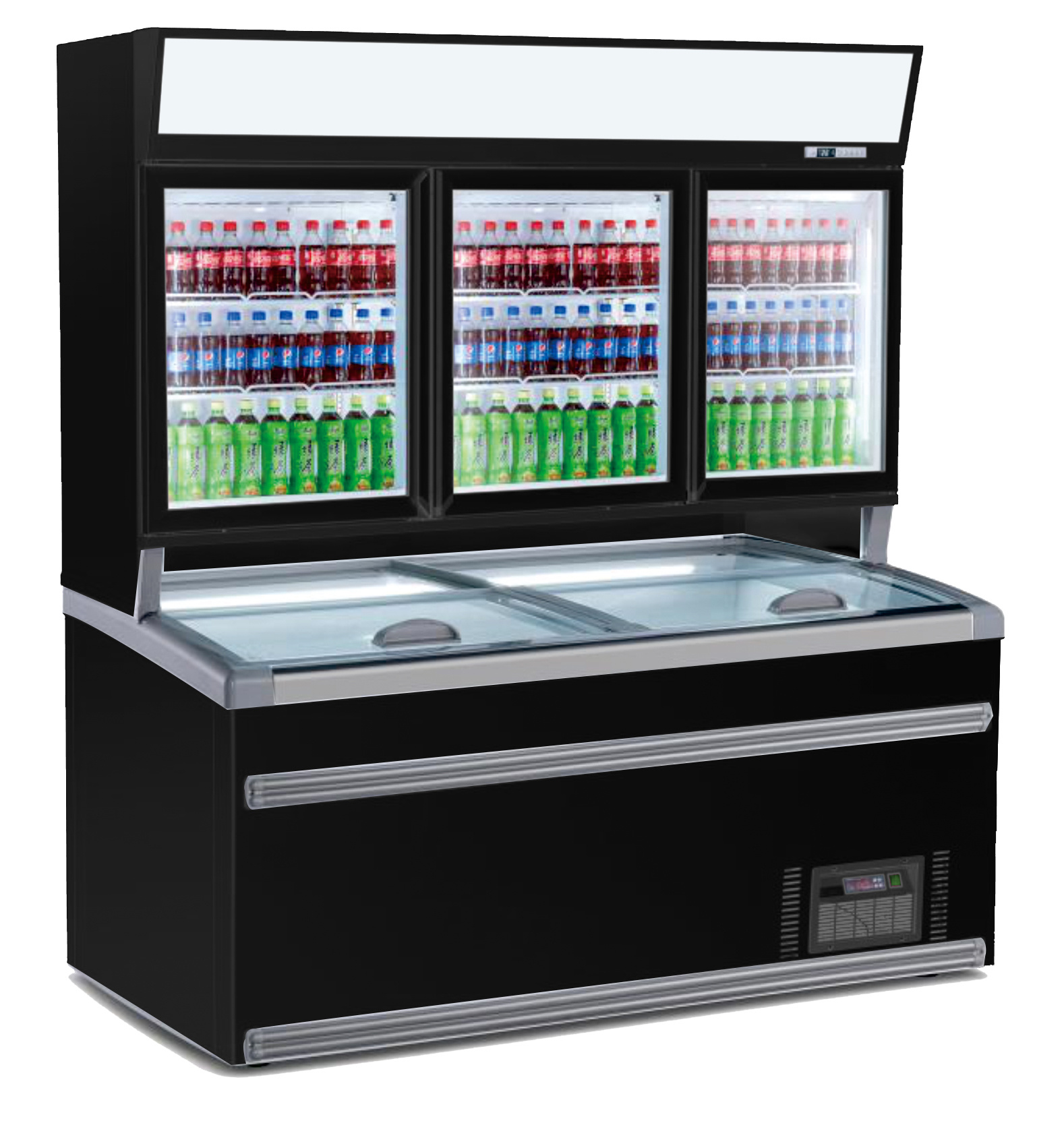Réfrigérateur Libre Service Haut | Congélateur bas | Noir | 3 Portes Vitrées|| 2104x890x(H)2000mm
