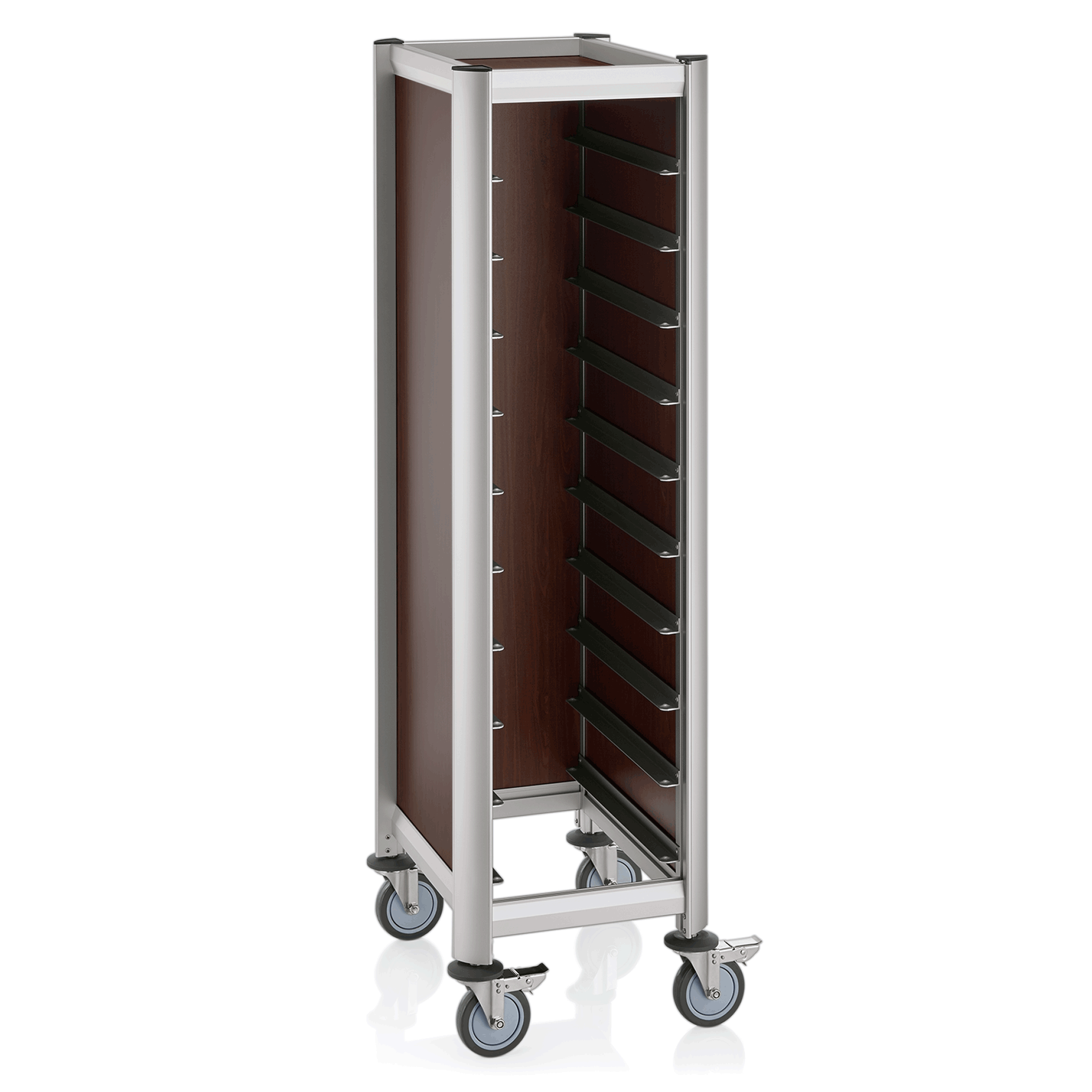 Serveerwagen SINGLE GN 1/1 MENSA, voor 10 schotels, bruin, 60,5 x 44,5 x 165 cm, MDF/aluminium