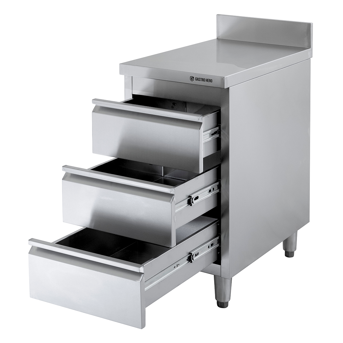 Meuble à tiroirs en inox BASIC, 3 tiroirs, unité 600 avec dosseret, AISI 201