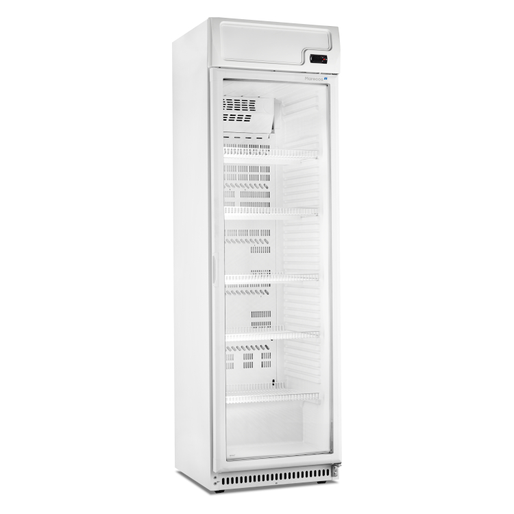 Vitrine réfrigérée en acier blanc Marecos avec porte vitrée et bannière lumineuse série 400