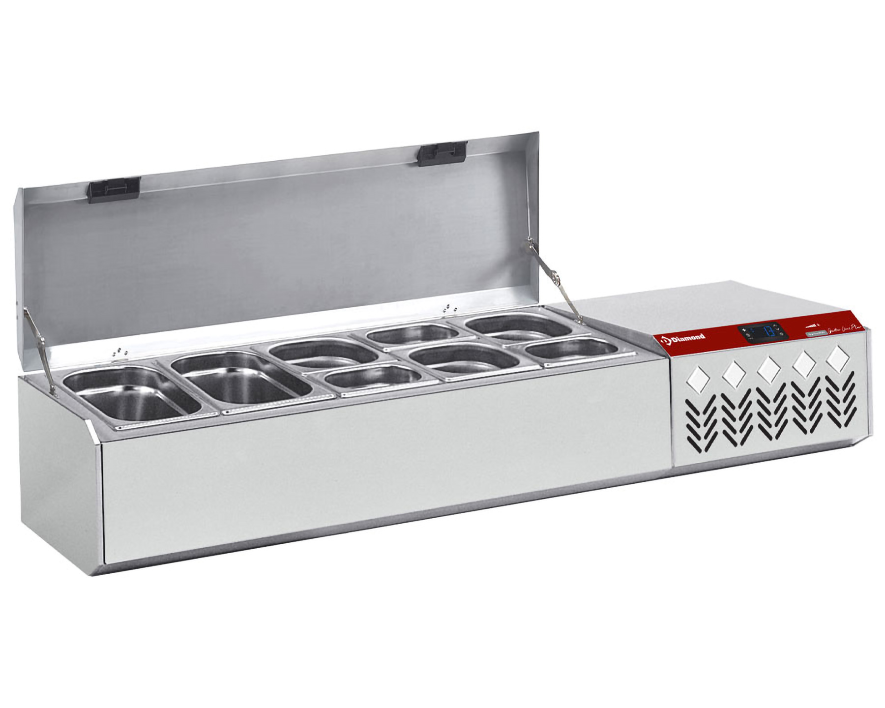 Opzetkoelvitrine met RVS deksel 5x 1/4GN - 1330x324x(h)387/401mm