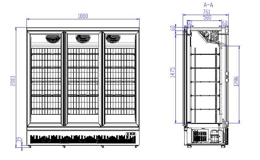 Tiefkühlschrank | 3 Glastüre | 1450 Liter | 8 Rollen |1880x710x(h)1997mm