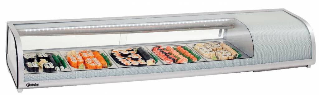 Sushi Vitrine | Zilverkleurig Kunststof | Glazen Schuifdeuren | 5 x 1/2 GN | 1800x425x(H)295mm