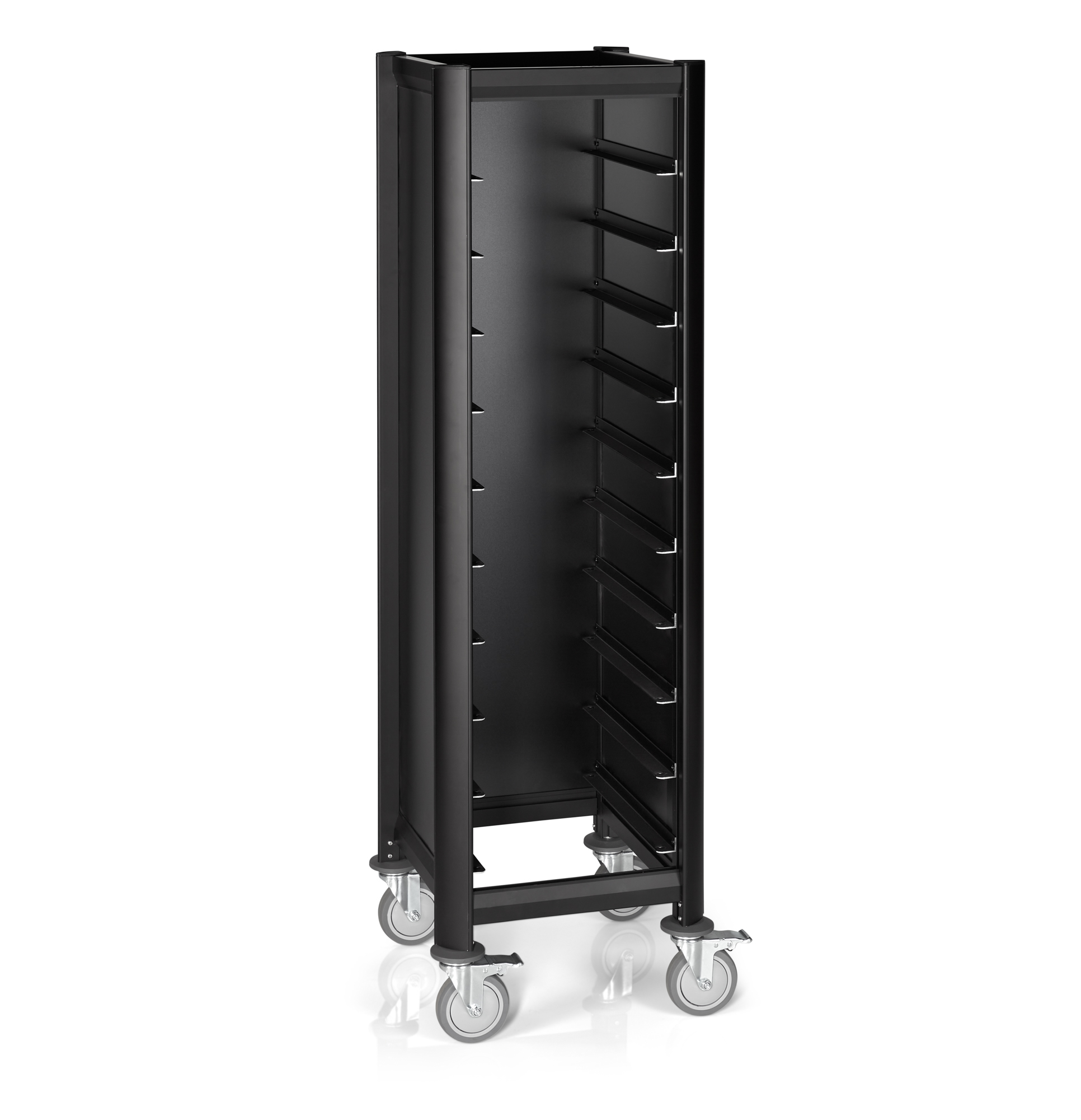Dienbladwagen SINGLE MENSA BLACK, voor 10 dienbladen, zwart, 51,5 x 47,5 x 165 cm, MDF houtlook/aluminium