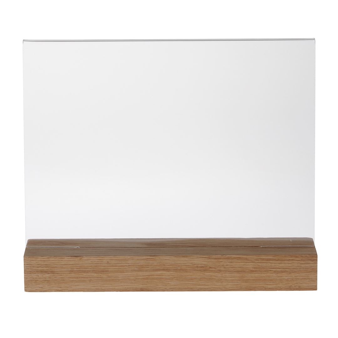 Porte-cartes européen en acrylique avec base en bois, format paysage.