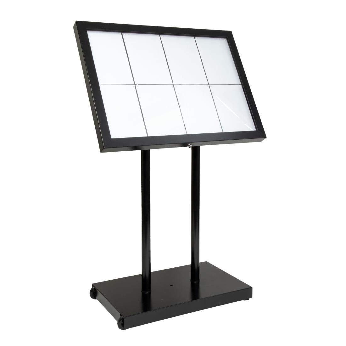 Menükartenhalter mit weissen LEDs aus schwarzem Stahl Securit 8xA4 mit Pfosten und Sockel.