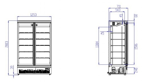 Kühlschrank | Schwarz | 2 Glastüren | 1000 Liter | Auf Rollen | 1253x710 x (H)1997mm