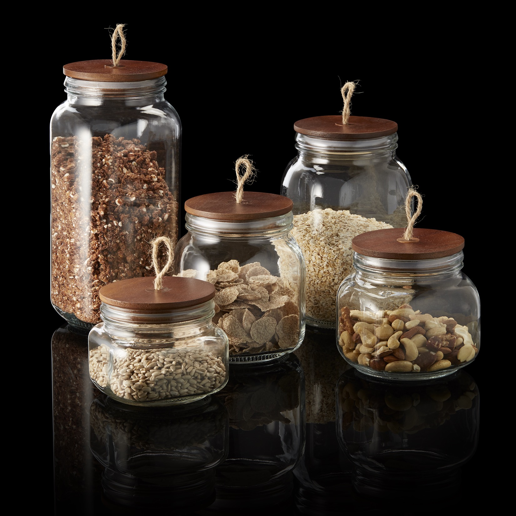 Voorraadpot met akazie-deksel en koord, 1,5 l, Ø 9 cm, hoogte 19,5 cm, glas, akaziehout