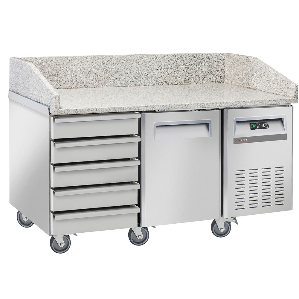 Koeltafel voor pizzeria, 1 deur EN 600x400, 5 neutrale laden EN 600x400, op wielen, 2 met remmen