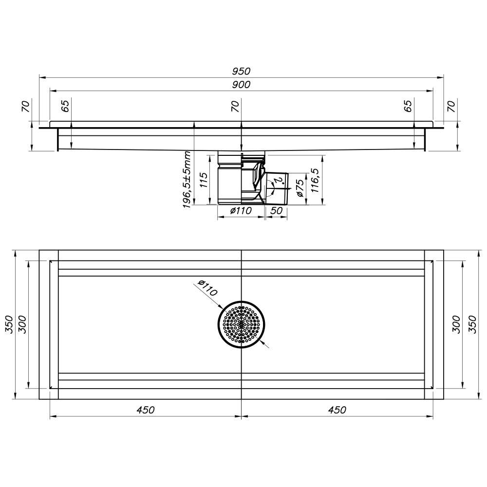 Bodenrinne aus Edelstahl 900x300, seitlicher Ausgang