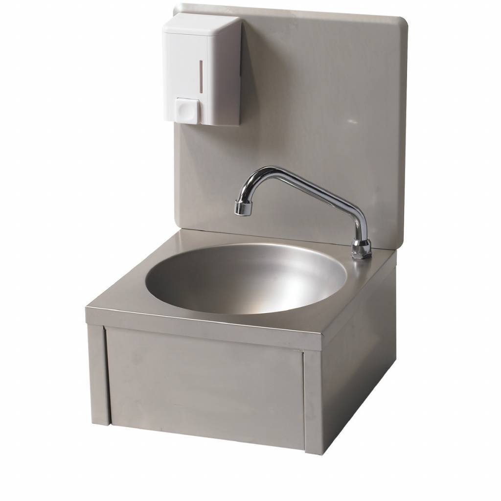 RVS Handwasbak | Kniebediening + Zeepverdeler | Koud Water | 330x350x(H)500 mm