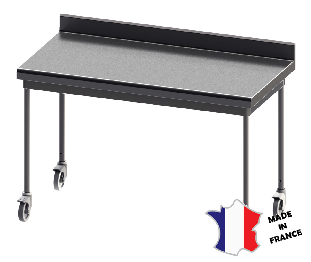 Table démontable rayonnee | Inox | à dosseret | pieds ronds | 700(l)x700x900mm | sur roulettes polyamide