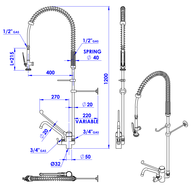 douche à pré-rinçage Monobloc | Avec fonctionnement du coude de grue pivotante | 1200 mm