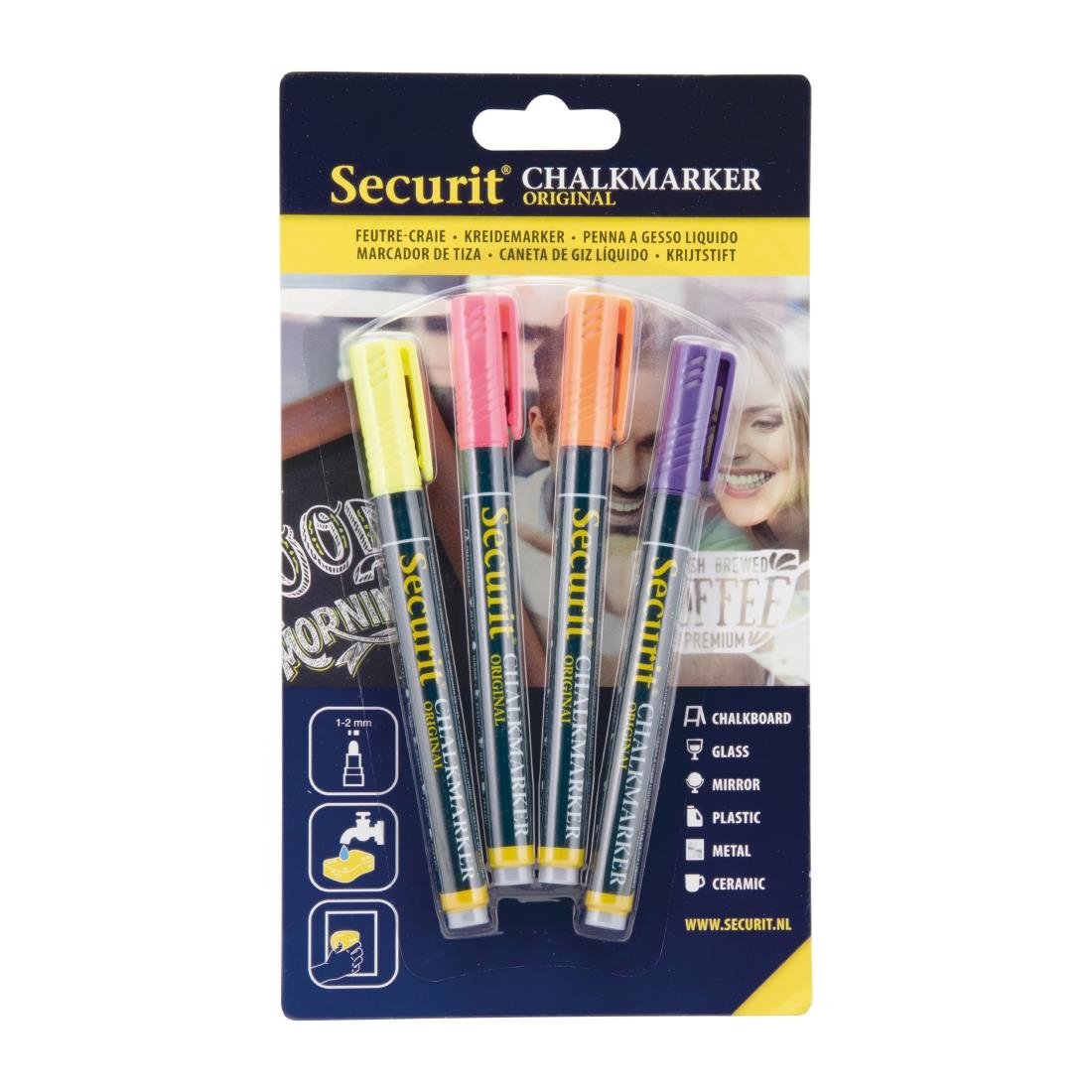 Securit Liquid chalkmarker tropical met 1-2mm Penpunt in geel, roze, oranje, violet (box 4)