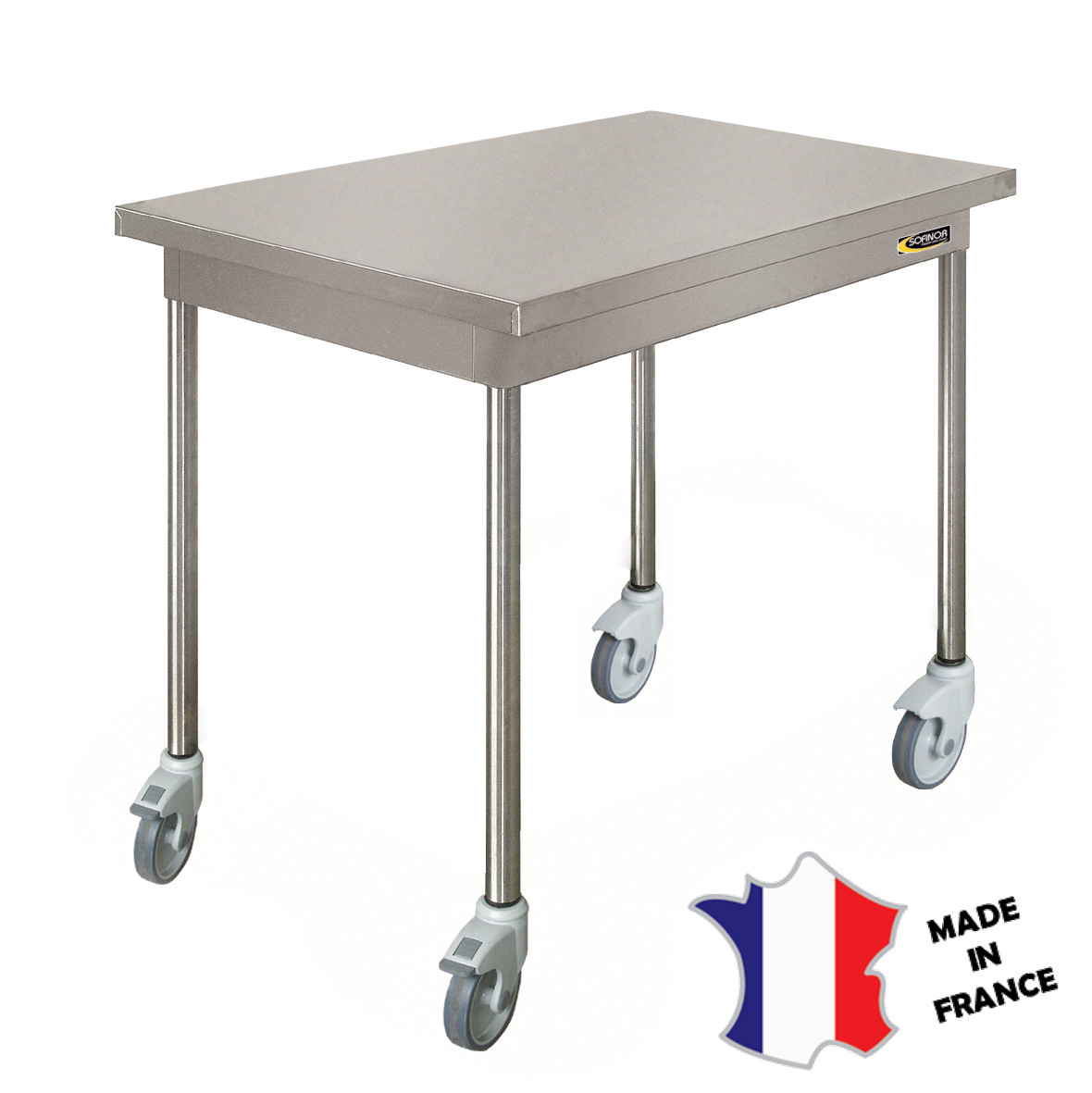 Table démontable standard | Inox | centrale | pieds ronds | 600(l)x600x900mm | sur roulettes polyamide