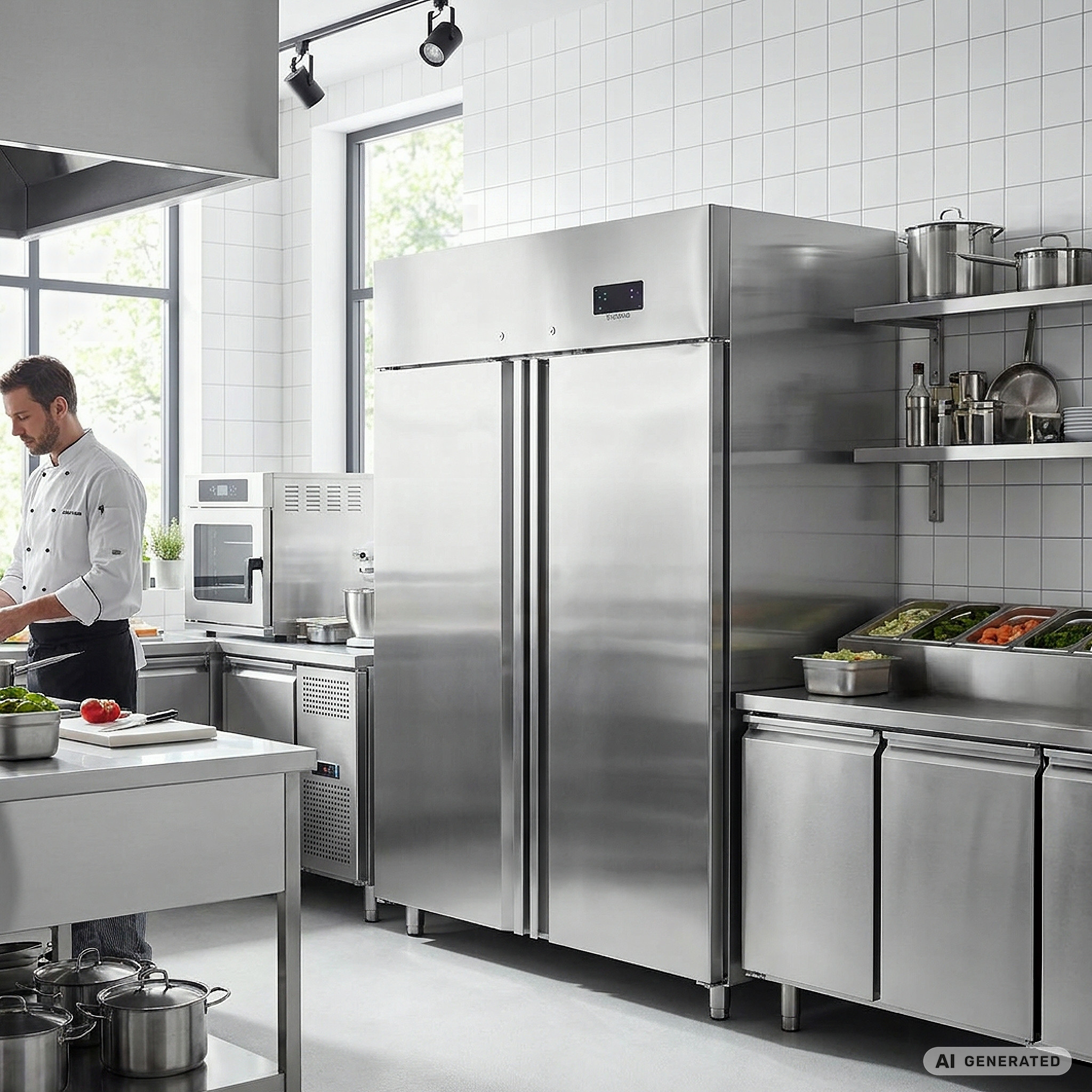 Gastronomie Tiefkühlschrank ECO 1400 GN 2/1 Monoblock, 1350 Liter Kühlraumvolumen, 6 verstellbare Einlegeböden, Robuste Bauweise, Edelstahl