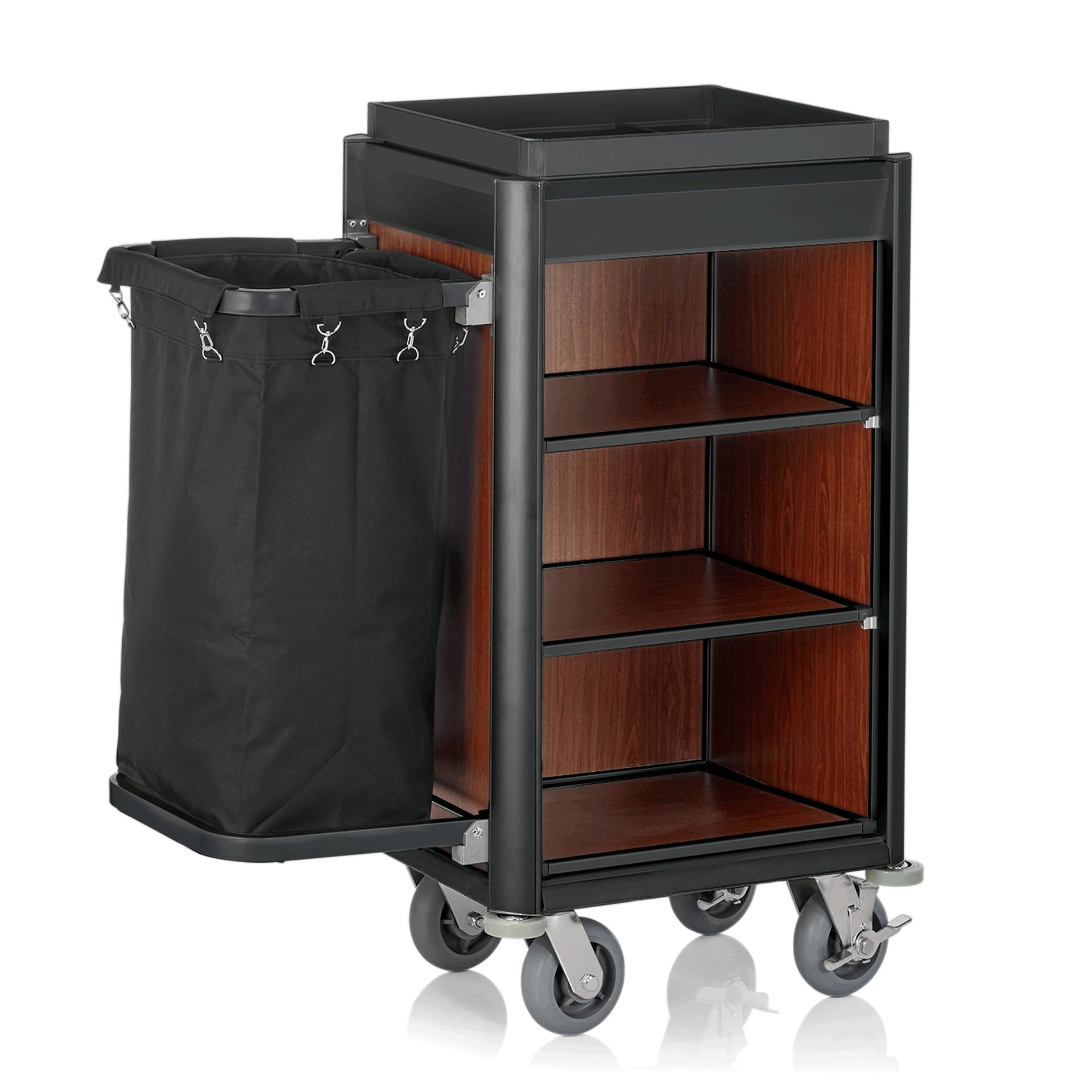 Roomservicetrolley ISABELLA, 95 x 55 x 116 cm, zwarte randen, donker houtlook, aluminium, MDF, polyestervezelstof