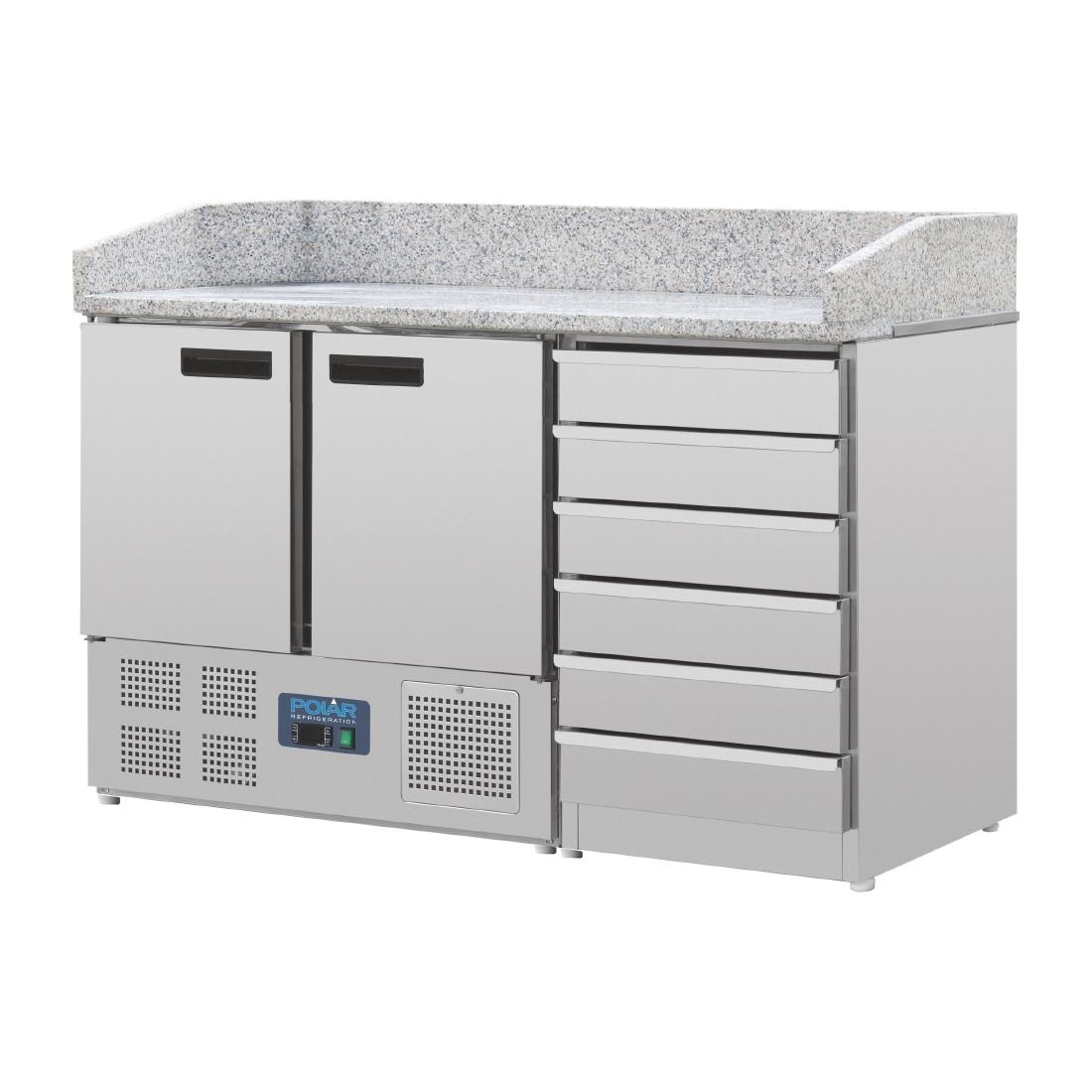 Polar 2-türiger Pizzakühltisch mit Marmorfläche | 6 Schubladen | 1420 x 700 x (H) 1060 mm