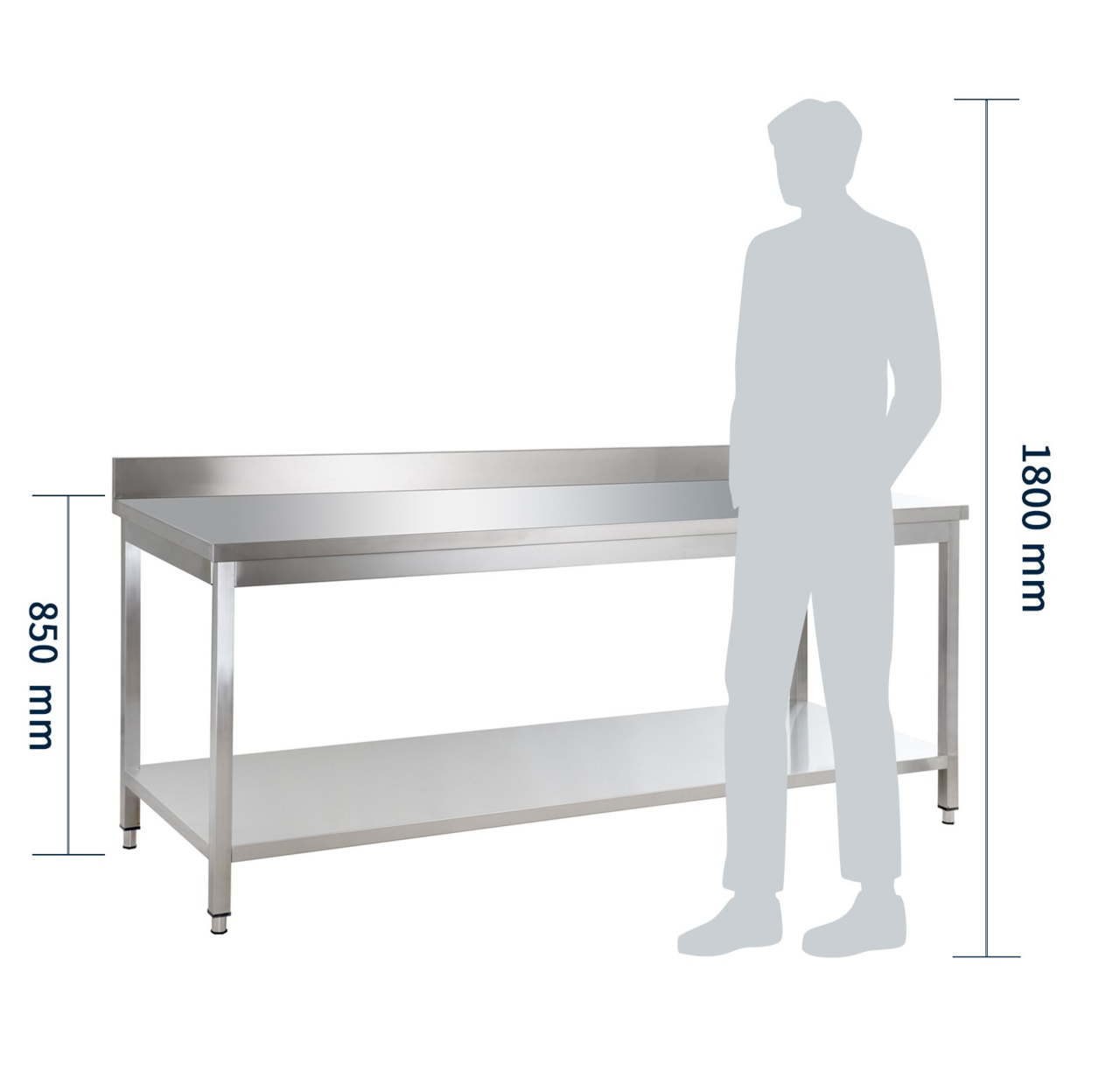 Table de travail en inox Basic 20x7 avec étagère inférieure et dosseret, à monter soi-même