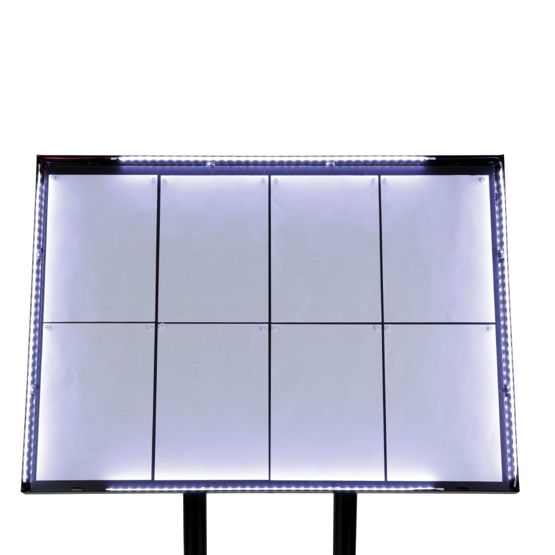 Menükartenhalter mit weissen LEDs aus schwarzem Stahl Securit 8xA4 mit Pfosten und Sockel.