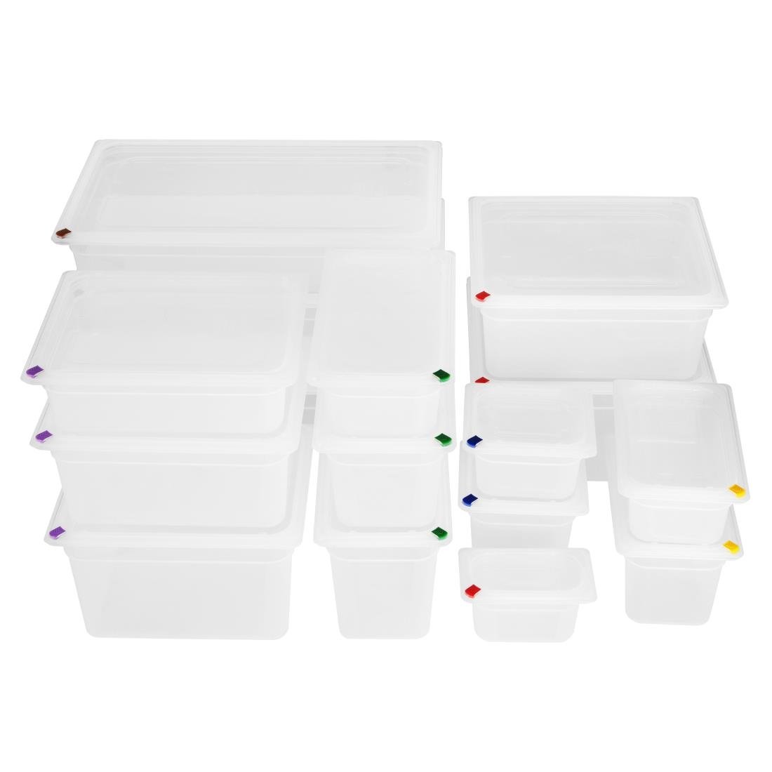 Bacs PP Hygiplas Click GN 1/2 avec couvercles et 7 clips de couleur 100mm 5,9L (lot de 4)