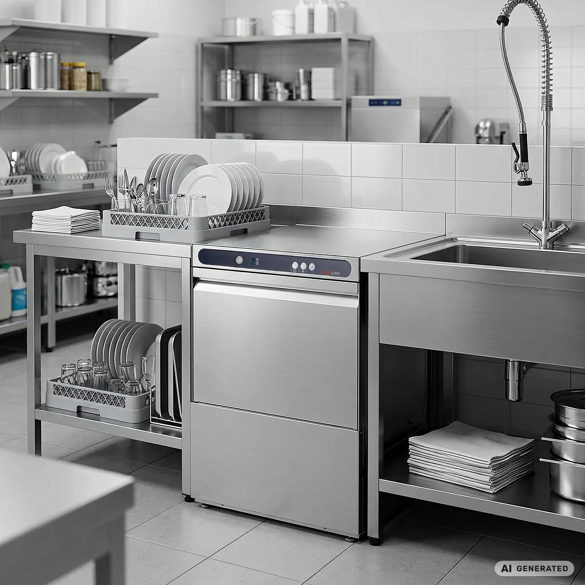Geschirrspülmaschine ECO 50x50 cm Korbmaß, mit Reiniger- & Klarspüldosierer, mit Ablaufpumpe & Enthärter, Made in Europe, 400 Volt