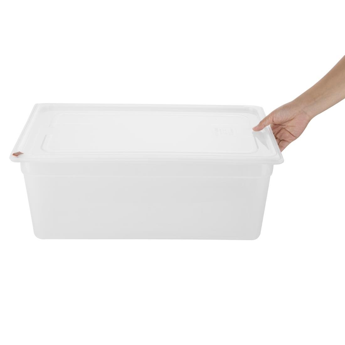 Bacs PP Hygiplas Click GN 1/1 avec couvercles et 7 clips de couleur 200mm 25,6L (lot de 2)