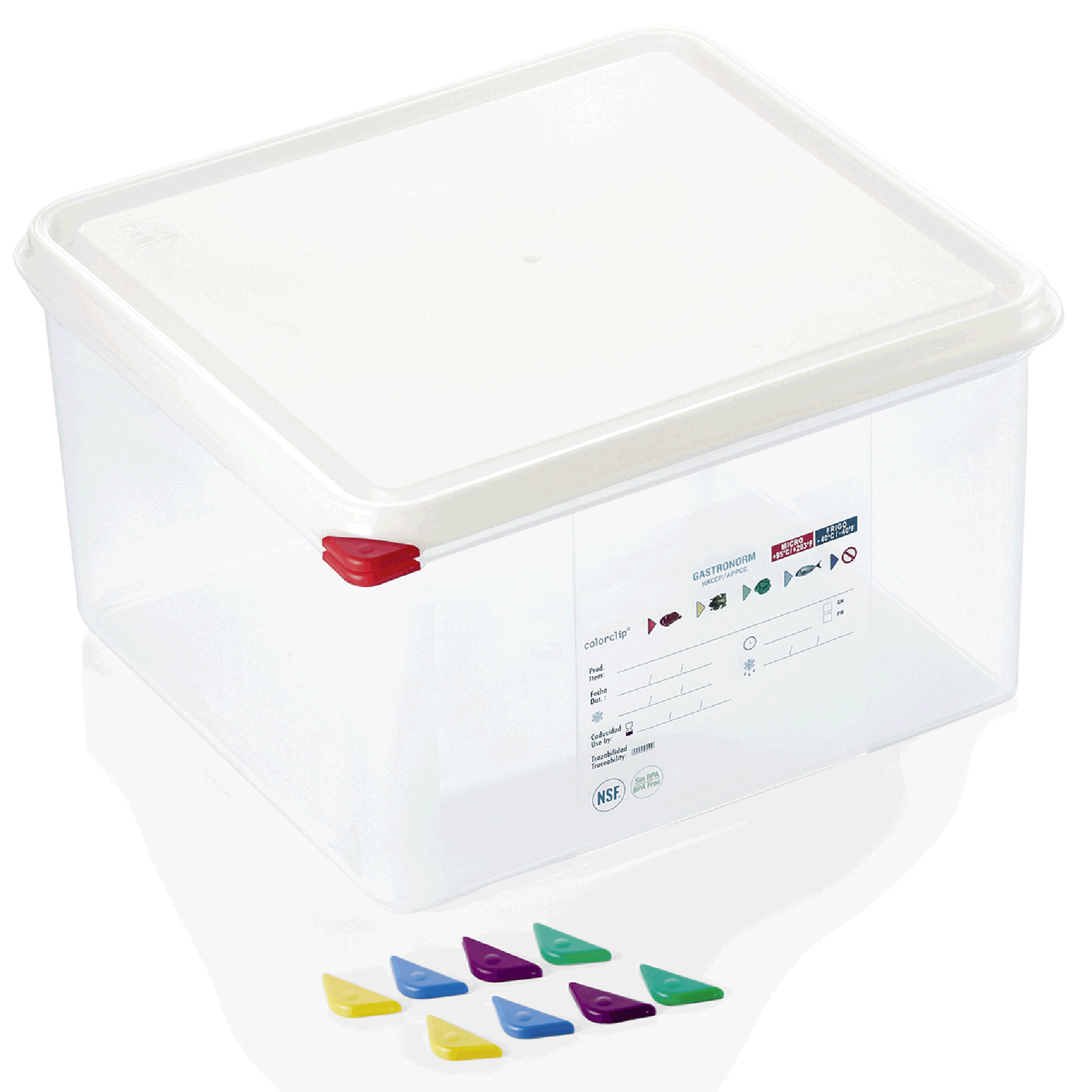 GN-container set GN 86 2/3-200 mm, met deksel, met rode clip, set van 8 stuks, polypropyleen