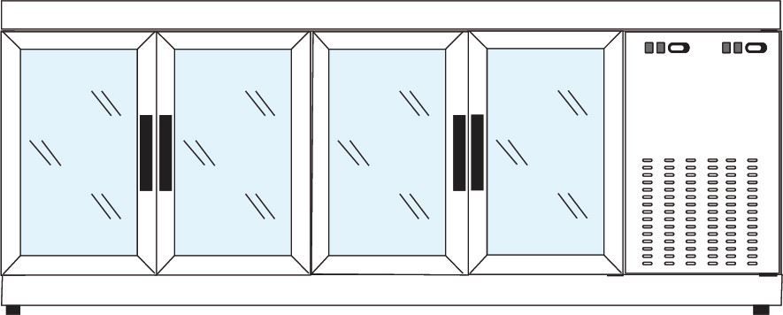 Barcounter | Front und Hinterseite Glas | Edelstahl | 4 Glastüren | +10°/-5°;+5°/-25°C  | 222x55x(h)88,5cm