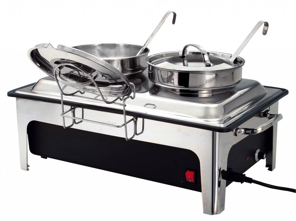 Elektrische Soep Chafing Dish | Chroomnikkelstaal | Inclusief 2x4 Liter Soeppannen | 630x360x(H)460mm