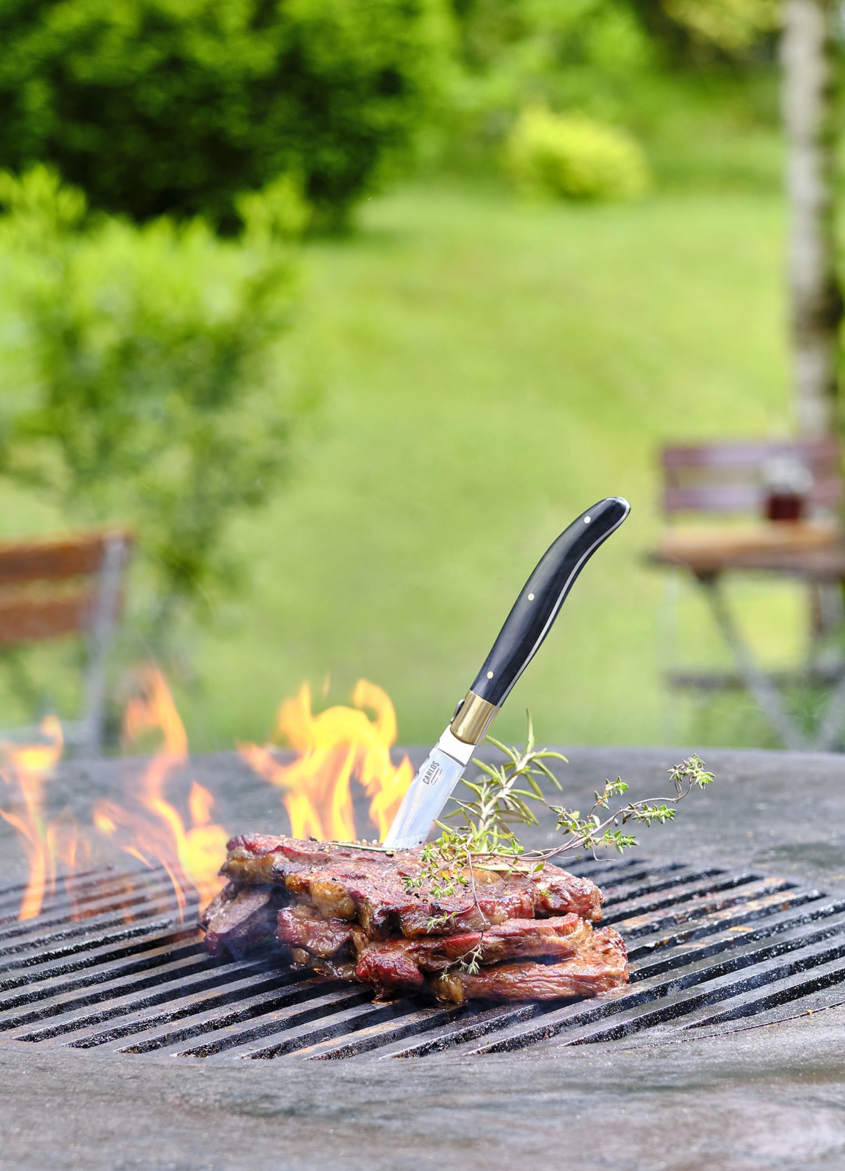Boîte à couteaux à steak CARLOS, avec 6 couteaux, 23 cm, bois de pin, acier de lame 420, bois