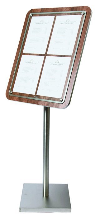 Info-Ständer mit Glasplatte | Holz-Wallnußoptik | 4x A4