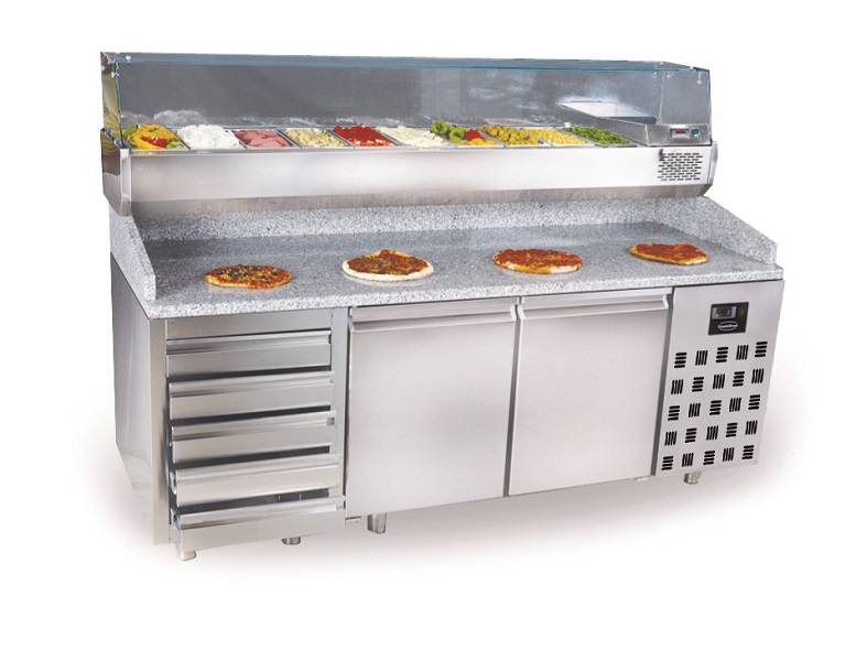 table à pizza en acier inoxydable | circulation d'air | 2 portes + 5 tiroirs | 2100x800x(h)1080mm
