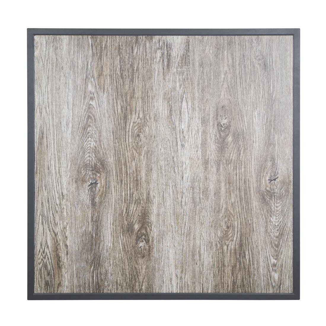 Plateau de table extérieur carré en verre trempé Bolero effet grain de bois bord gris 700 mm