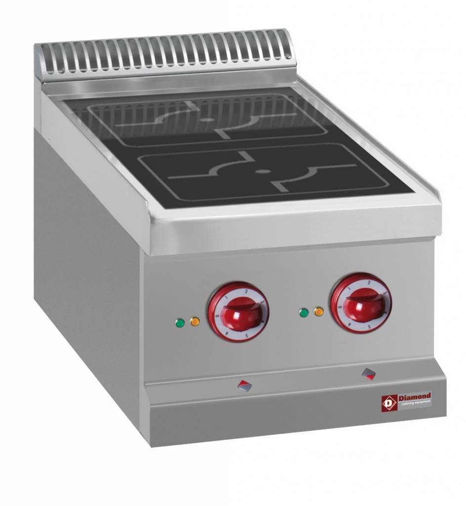 Professionelles Induktionskochfeld aus Edelstahl mit zwei Drehreglern.